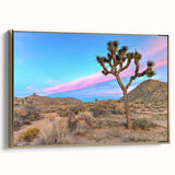 Framed canvas landscape art of Joshua Tree, in muted earth tones, ideal for bedroom wall decor.