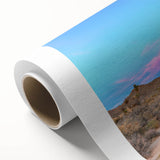 Art deco poster of Joshua Tree landscape in muted earth tones on rolled canvas, ideal for nursery wall art.