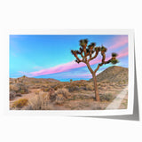 Joshua Tree landscape on rolled print, featuring muted earth tones, ideal for art wall dining room.