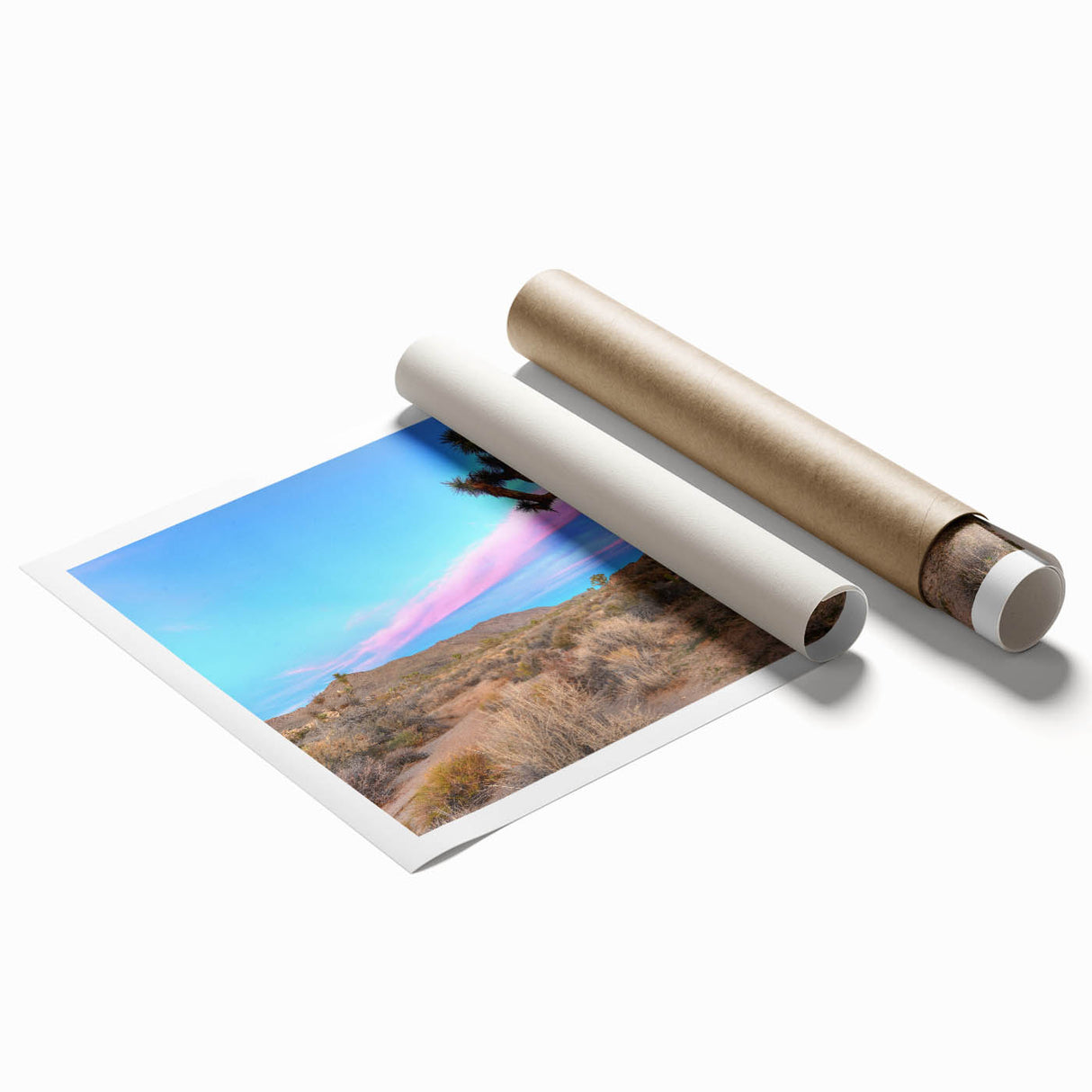 Joshua Tree landscape in muted earth tones on a rolled canvas, suitable for classy bathroom wall art.