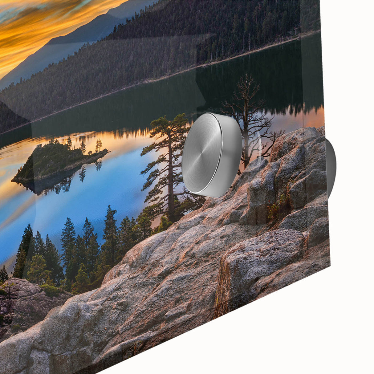 Large abstract wall art of Lake Tahoe with vibrant blue and green tones on acrylic glass.