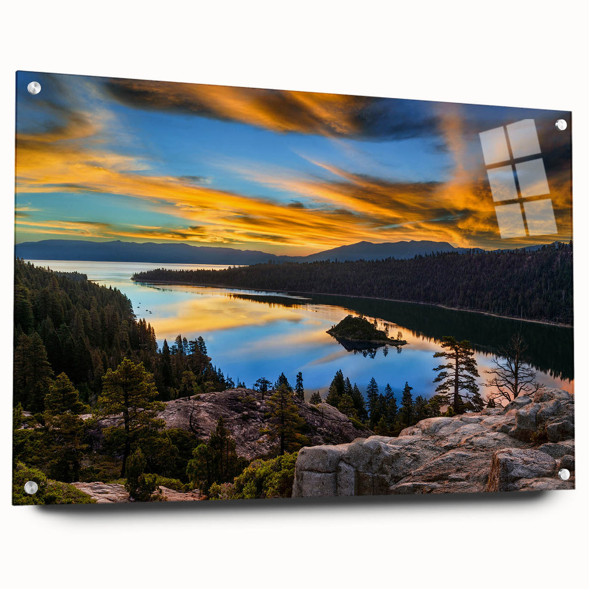 Acrylic print of Lake Tahoe with vivid blue and green tones, suited for dining room or bedroom decor.