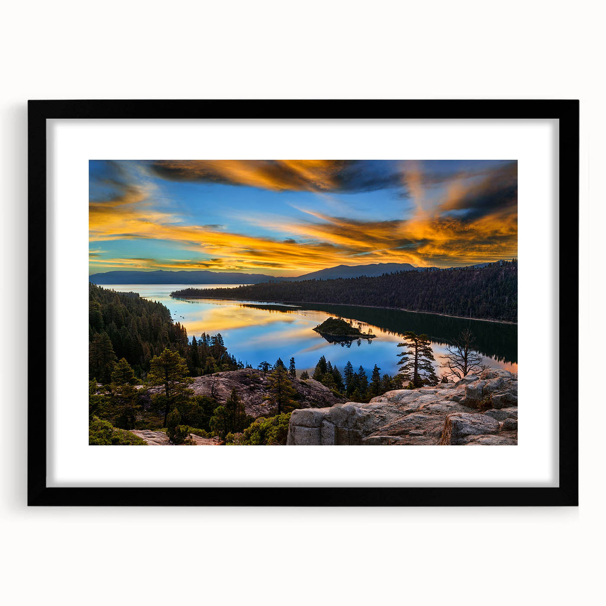 Extra large abstract art print of Lake Tahoe with vibrant, textured colors on a framed black mat.