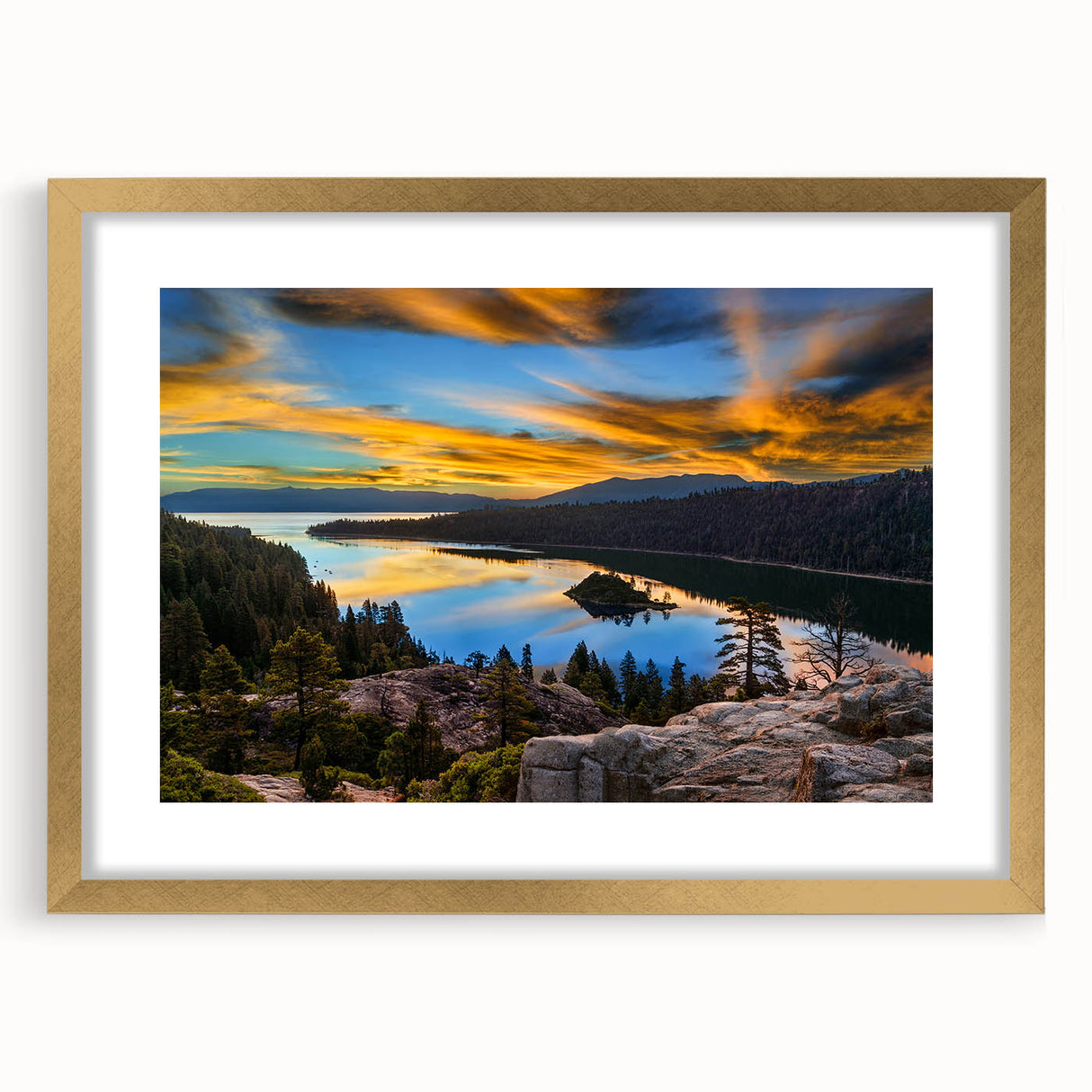 Extra large wall art depicting an abstract Lake Tahoe scenery in textured shades of blue and green, framed with a gold mat.