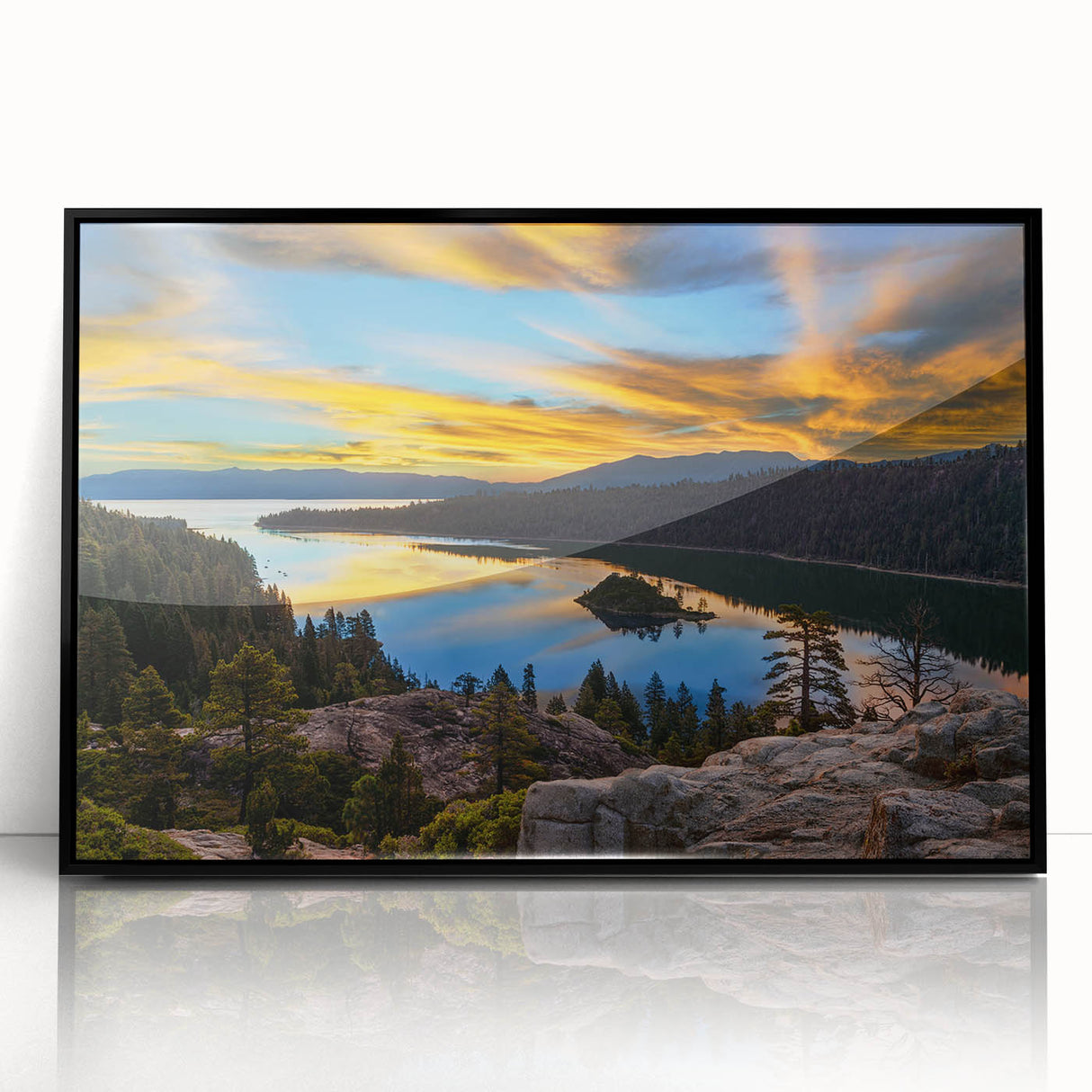 Large abstract wall art of Lake Tahoe with muted blue and green tones on a framed acrylic.