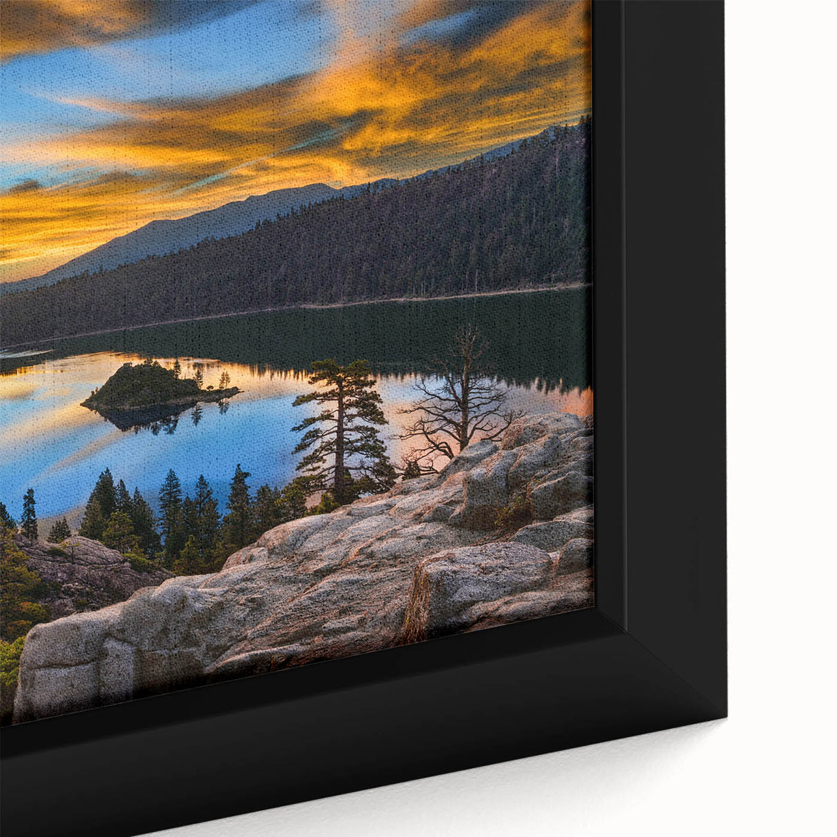 Extra large black wall art featuring a textured depiction of Lake Tahoe on a framed canvas, using a colorful palette.