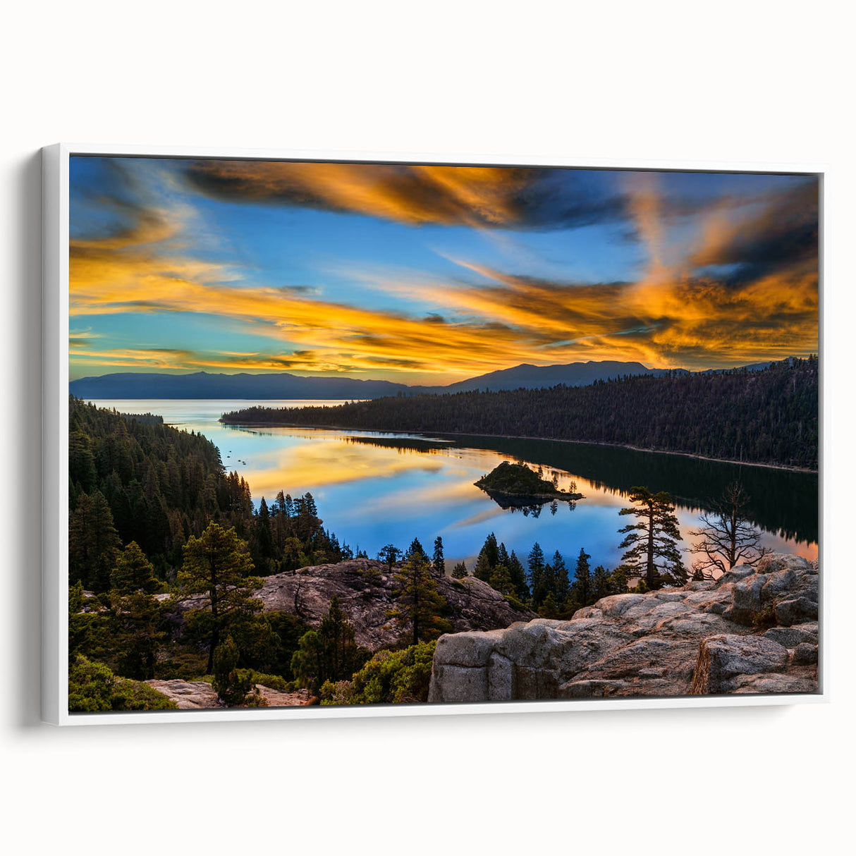 Vintage poster art of Lake Tahoe with colorful palette on extra large framed canvas, ideal for living room decor.