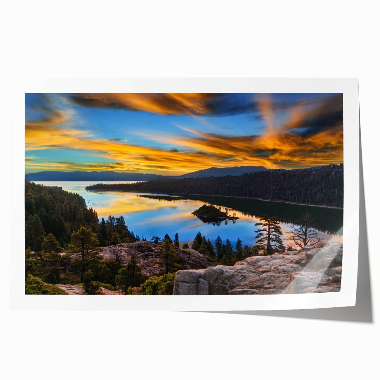Extra large wall art of Lake Tahoe with muted blue and green tones on rolled print, ideal for dining room decor.