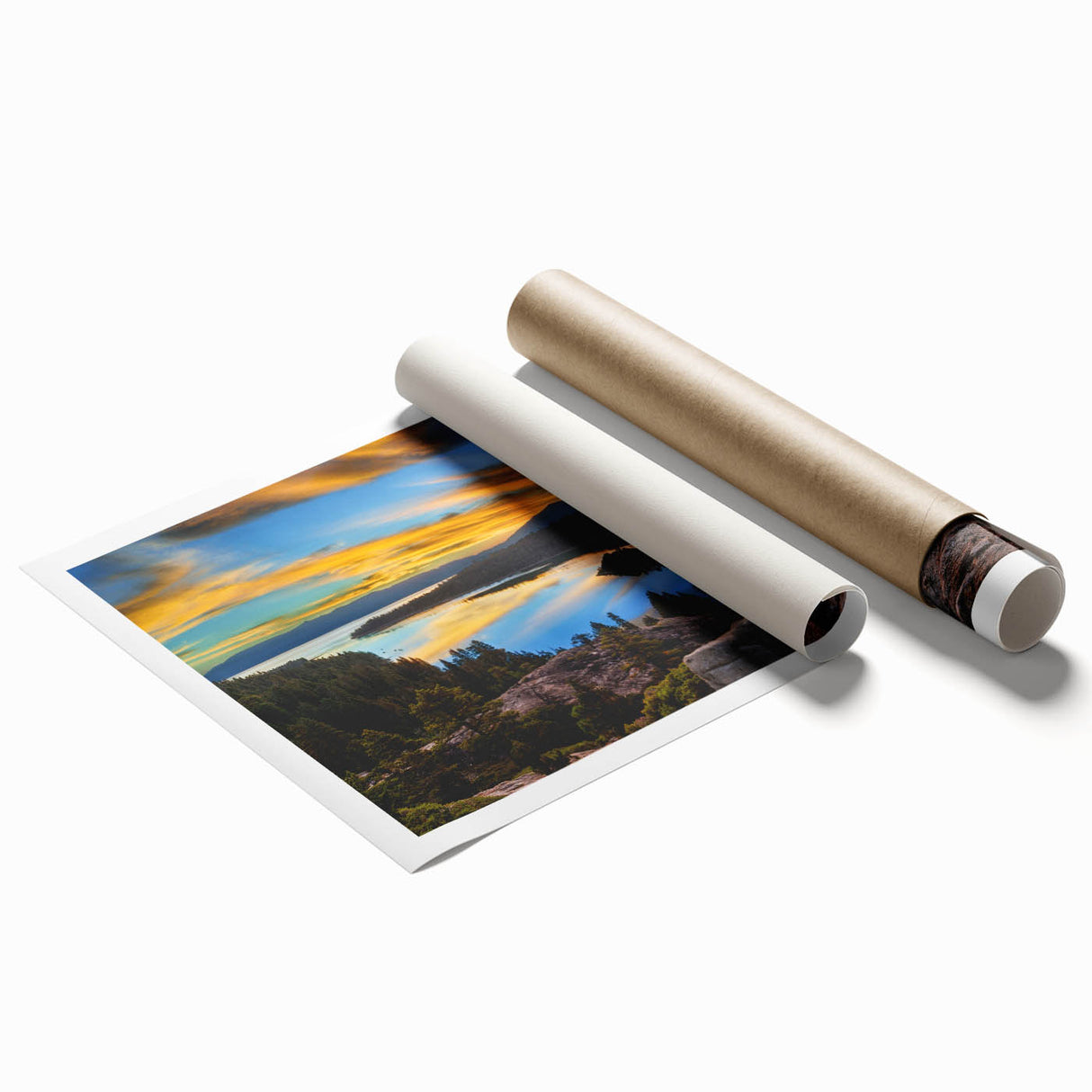 Extra large rolled print of Lake Tahoe with muted blue and green tones, ideal for classy bathroom wall art.