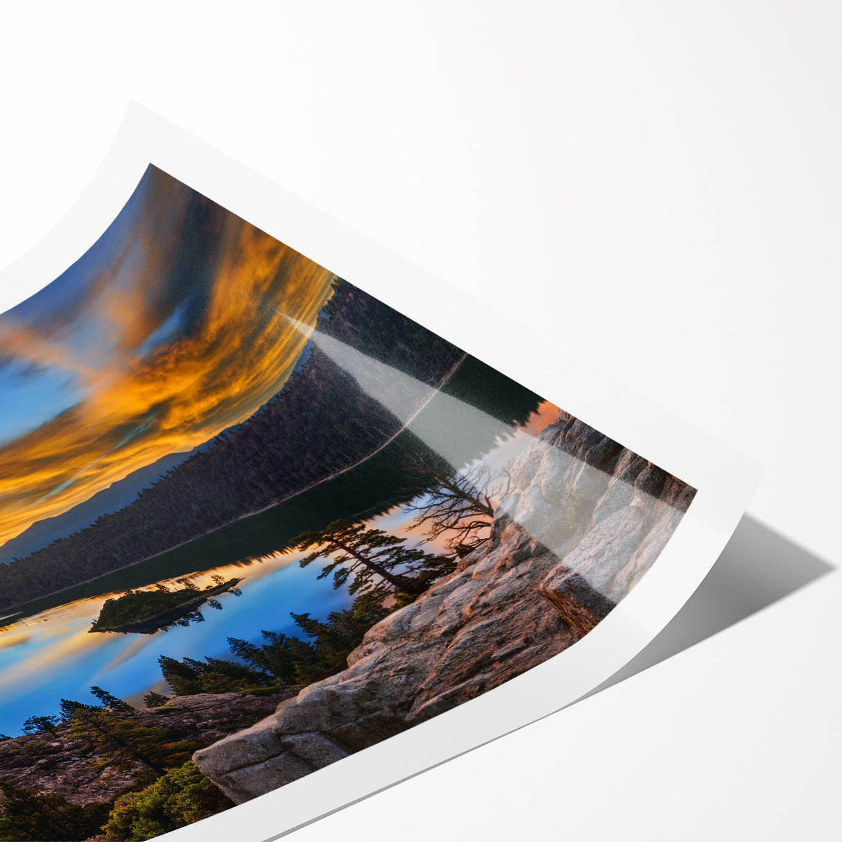 Extra large wall art featuring line art flowers over a Lake Tahoe scenery in soft blue and green tones.