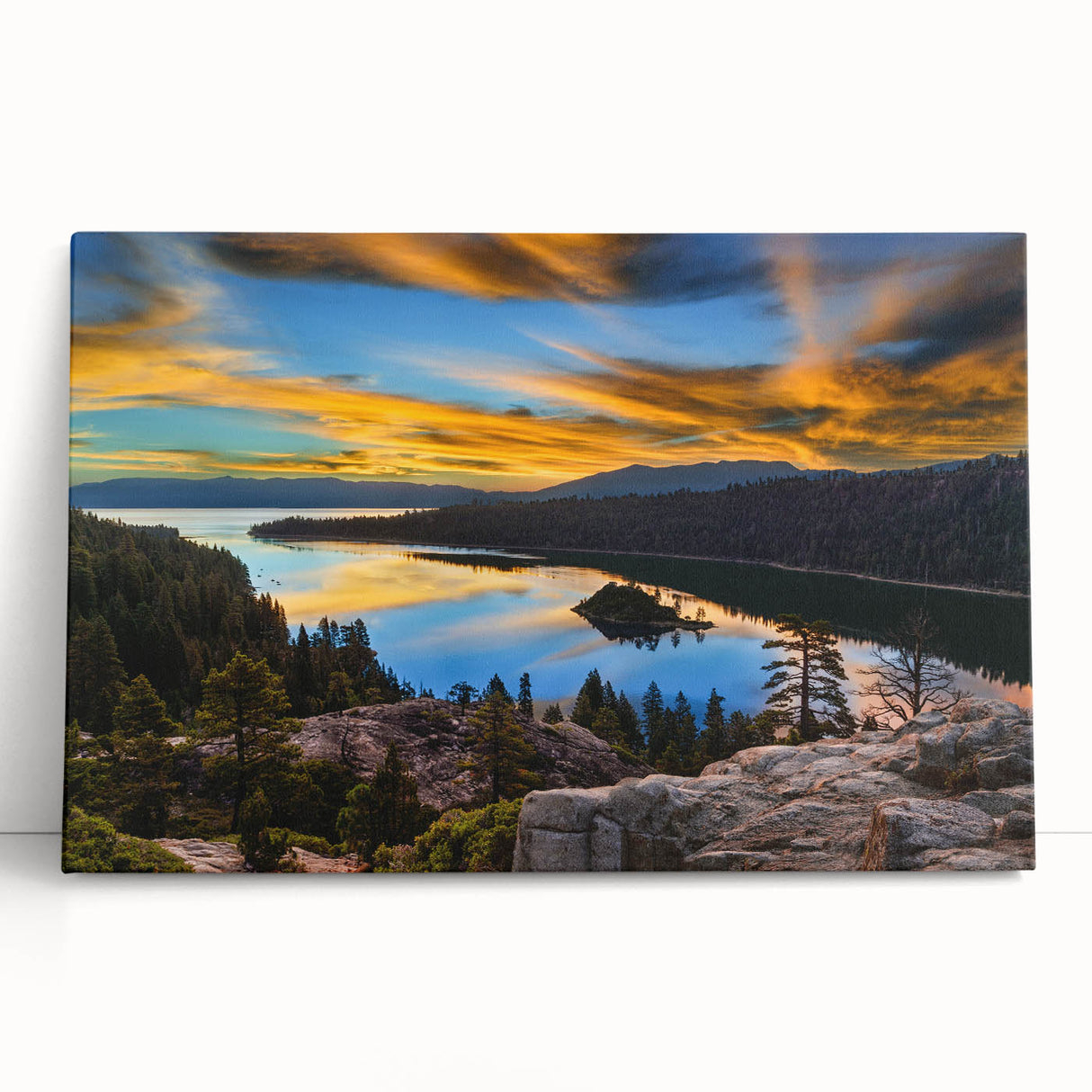 Black and white photograph of Lake Tahoe on stretched canvas, ideal for kitchen wall art.