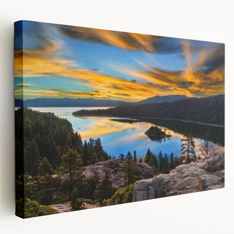 Large art of Lake Tahoe with muted blue and green tones on stretched canvas, suitable for kitchen wall art.