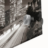 Large abstract wall art of Los Angeles skyline in muted gray and blue tones on acrylic glass, suitable for dining room art.