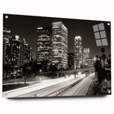 Acrylic print of Los Angeles skyline in muted gray and blue tones, ideal for dining room art.