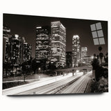Large abstract wall art of Los Angeles skyline in muted gray, ideal for bedroom or dining room decor, acrylic print.