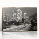 Acrylic print of Los Angeles skyline in gold and blue tones, framed, ideal for modern art wall decor.