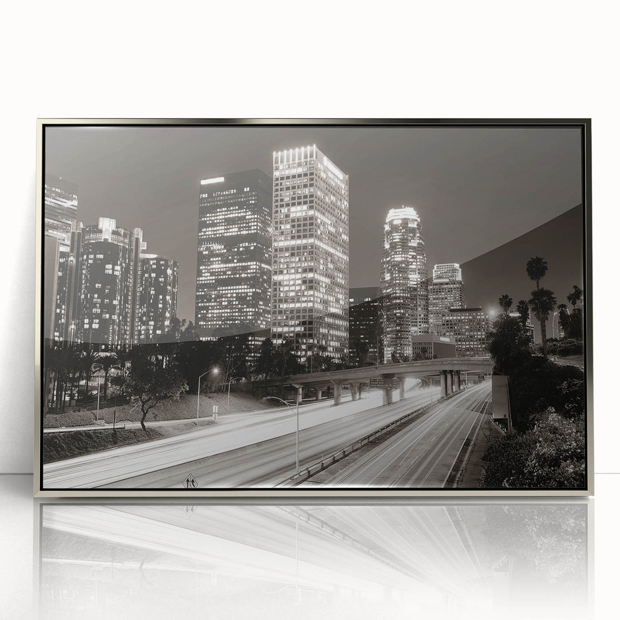 Mid-century modernist art of Los Angeles skyline in muted gray tones, silver-framed acrylic, suitable for nursery wall art.