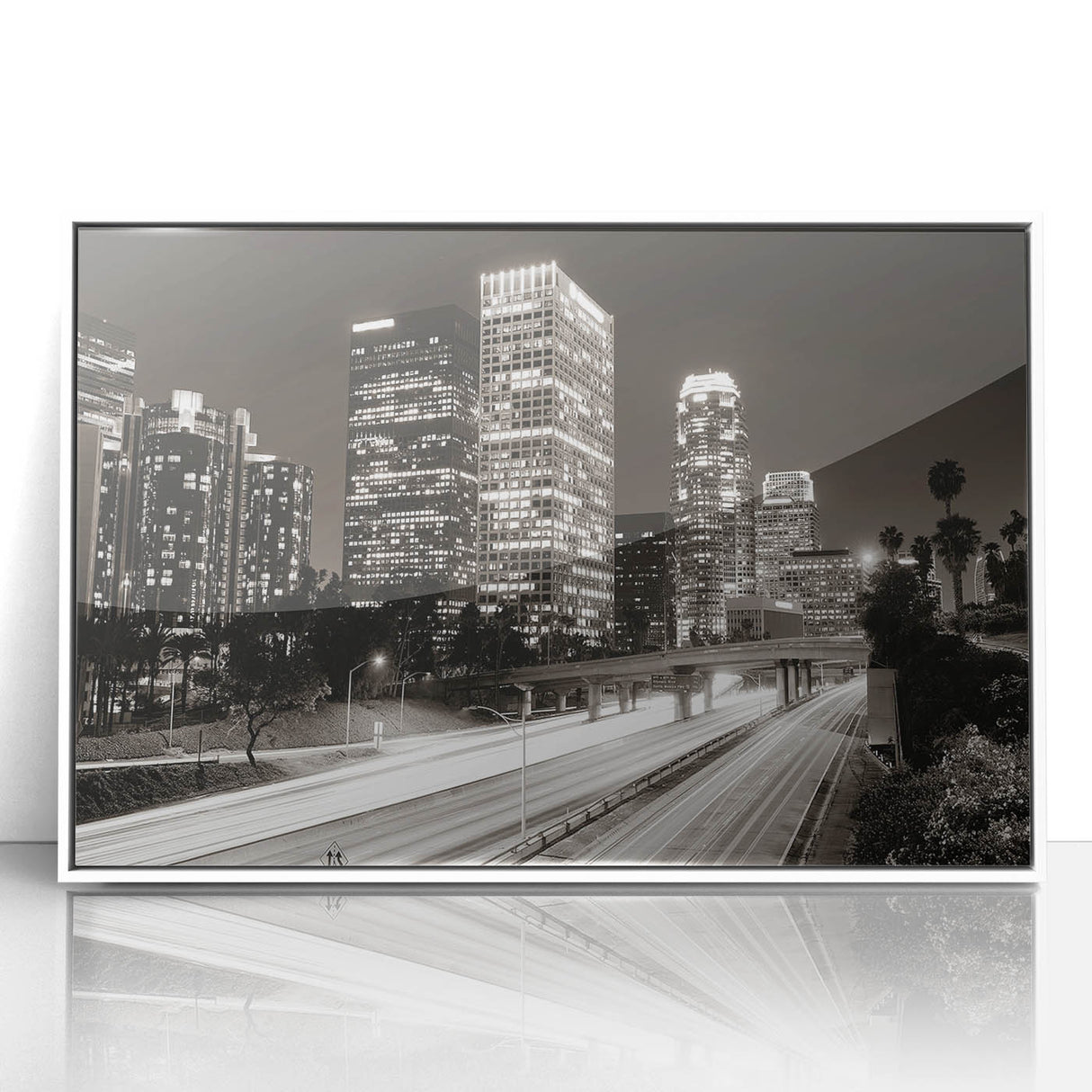Acrylic print of Los Angeles skyline in art deco style with pastel hues, framed in white, suitable for modern nursery decor.