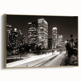 Framed canvas of a vintage Los Angeles landscape in black and gold tones, ideal for bedroom wall art.