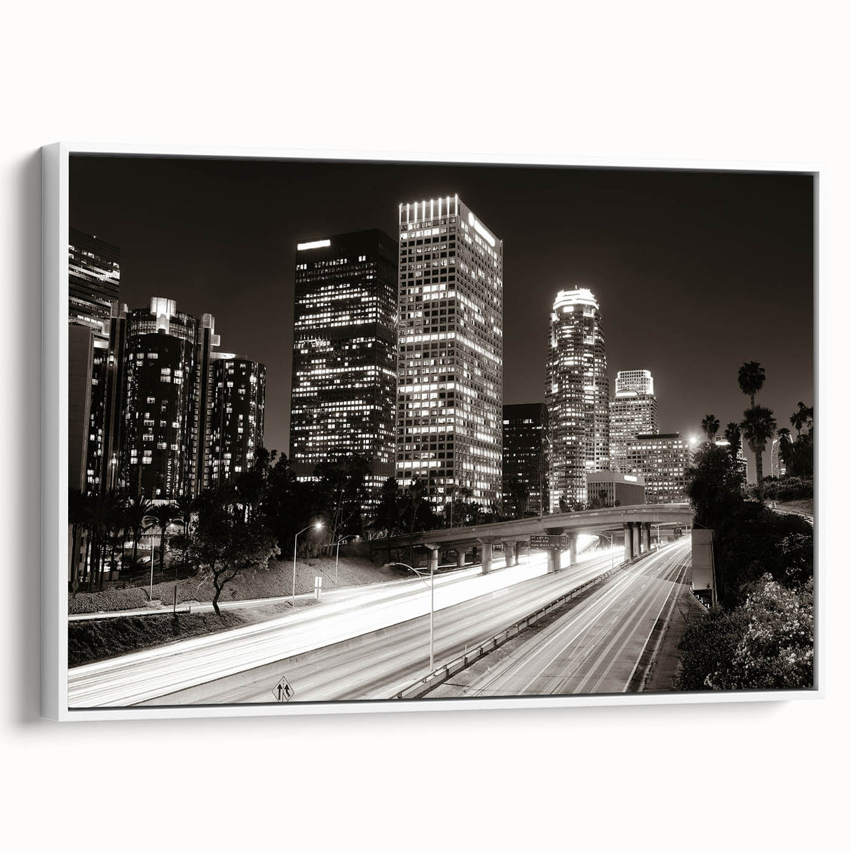 Vintage poster art of Los Angeles skyline, featuring vibrant colors on a large framed canvas, suitable for living room decor.