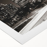 Art deco poster of Los Angeles skyline in muted gold and blue tones on rolled canvas, suitable for dining room decor.