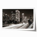 Extra large rolled print of Los Angeles skyline with muted gray and blue tones, ideal for art wall dining room.