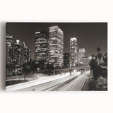 Black and white stretched canvas of Los Angeles skyline, ideal for kitchen wall art.