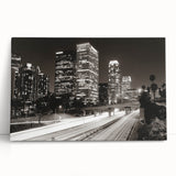 Black and white stretched canvas of Los Angeles cityscape, ideal for kitchen wall art or bedroom ambiance.