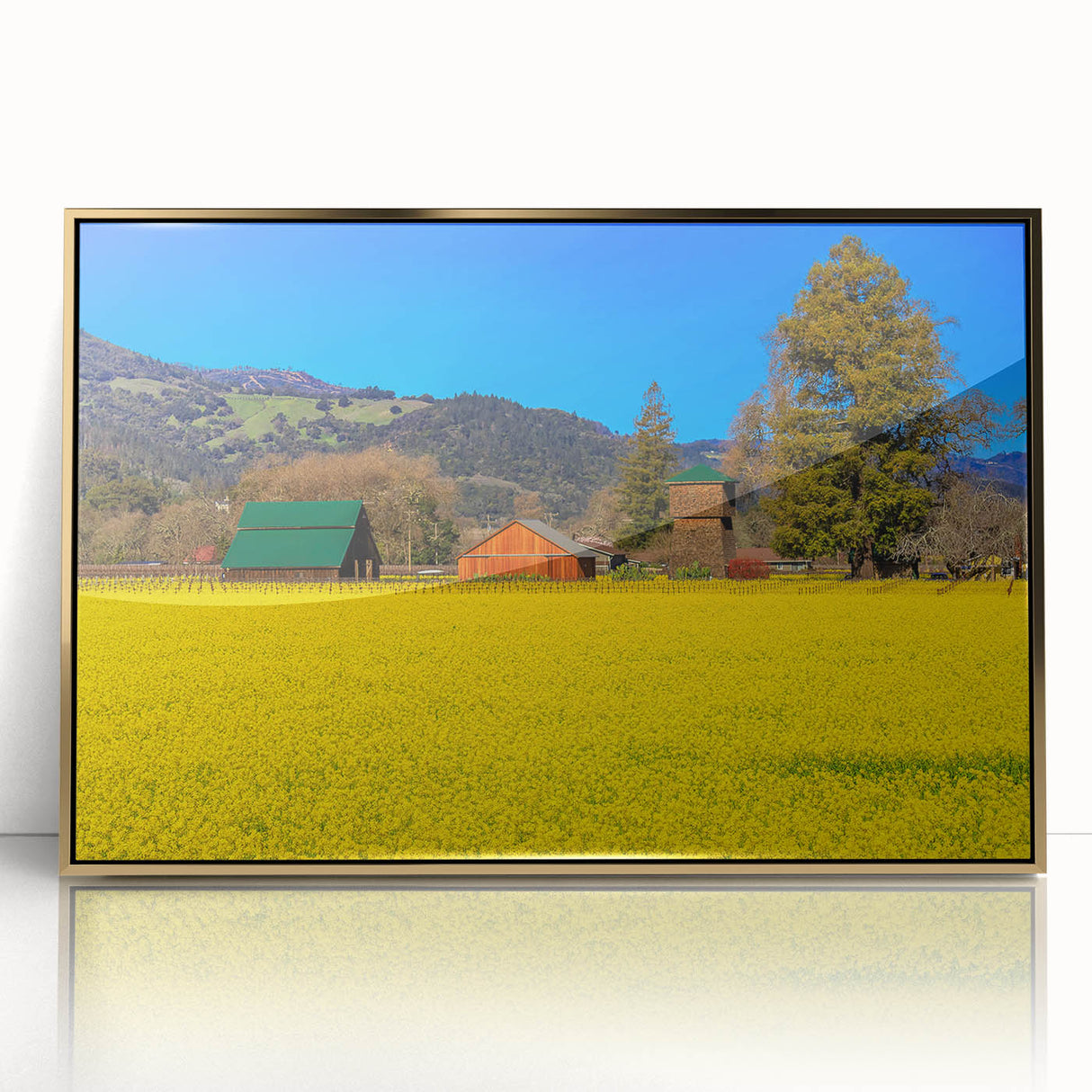Mid-century modernist art of Napa Valley landscape in gold tones on framed acrylic, suitable for modern art wall decor.
