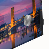 Large abstract wall art of Sacramento landscape in mid-century modernist style on acrylic glass, ideal for dining room decor.