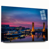 Large abstract wall art of Sacramento scenery in muted blue and green tones on acrylic glass.
