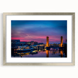 Textured art print of Sacramento scenery in abstract style, featuring cool blue and soft gray tones, framed in silver.