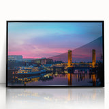 Large abstract wall art depicting Sacramento skyline in muted grays and blues on a framed acrylic.