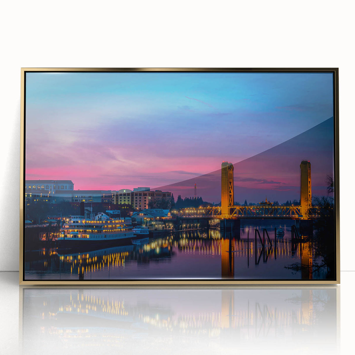 Framed acrylic print of Sacramento scenery in mid-century modernist style with gold tones, ideal for nursery wall decor.