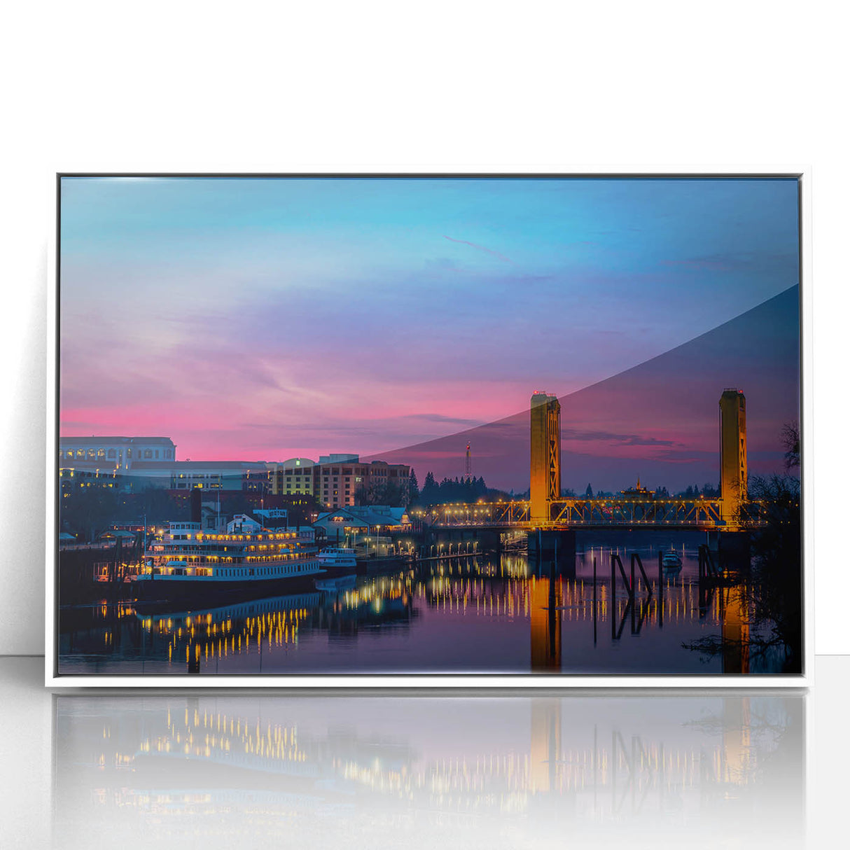 Art deco poster of Sacramento scenery in pastel shades on a white acrylic frame, ideal for modern nursery wall art.