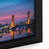 Framed canvas featuring a textured depiction of the Sacramento skyline in black with colorful accents.