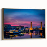 Framed canvas depicting a vintage-style Sacramento landscape in black and gold tones, ideal for bedroom wall art.