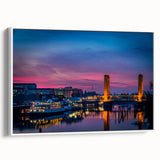 Vintage poster art of Sacramento scenery on extra large framed canvas, featuring colorful art with black accents.