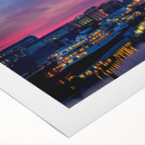 Art deco poster of Sacramento skyline in muted gold and teal tones on rolled canvas, suitable for dining room wall art.