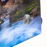 Large abstract wall art depicting the San Diego skyline in mid-century modernist style, with vibrant hues on acrylic glass.