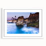 Abstract art print of San Diego skyline in muted blue and gray tones on a framed white mat, ideal for dining room decor.