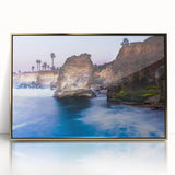 Acrylic print of San Diego skyline with gold frame, in mid-century modernist style, suitable for modern art wall decor.