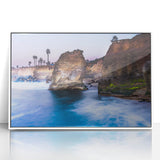 Art Deco style San Diego skyline depicted in vibrant colors on a framed acrylic, suitable for modern art wall decor.