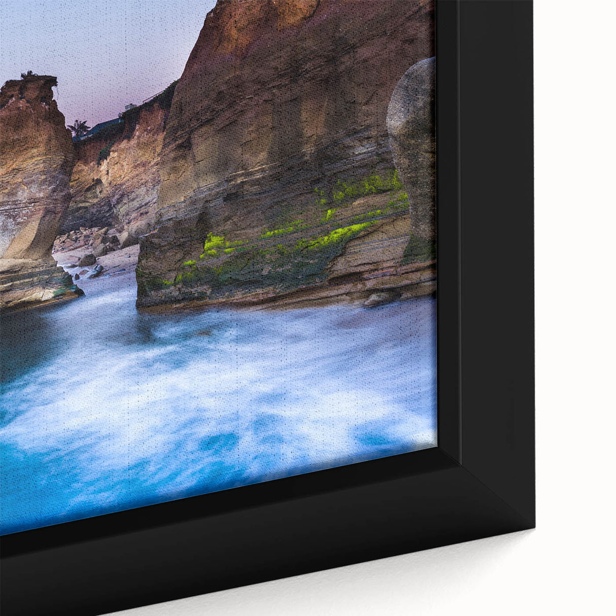 Extra large framed canvas of a textured San Diego scene in black with colorful accents, ideal for living room decor.