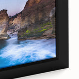 Extra large framed canvas of a textured San Diego scene in black with colorful accents, ideal for living room decor.