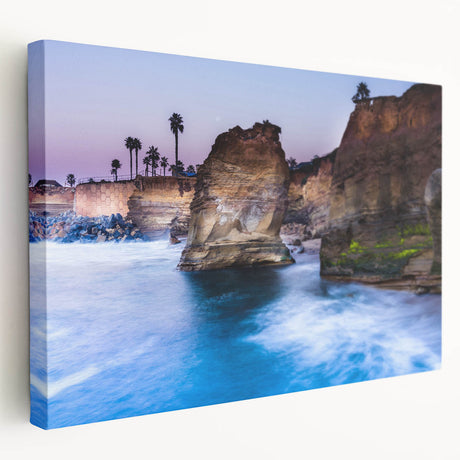 San Diego skyline in muted gray and blue tones on a large stretched canvas, suitable for kitchen wall art.
