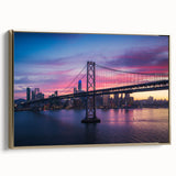 Framed canvas wall art depicting a vintage-style San Francisco landscape in black and gold tones, ideal for bedroom decor.