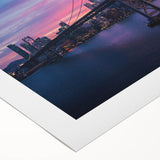 Art deco poster of San Francisco skyline in muted gold and blue tones on rolled canvas, suitable for dining room wall art.