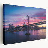 Large stretched canvas depicting the San Francisco skyline in muted gray and blue tones, suitable for kitchen wall art.