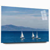 Acrylic print of a large abstract depiction of Santa Barbara in muted blue and green tones.